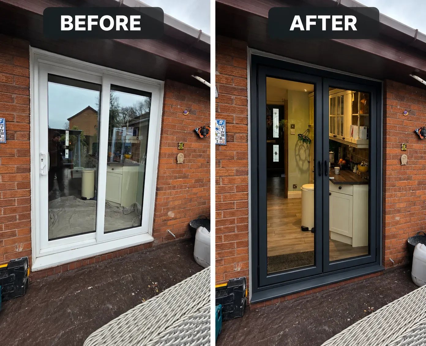 Kitchen bi-fold doors before and after replacement by GBD