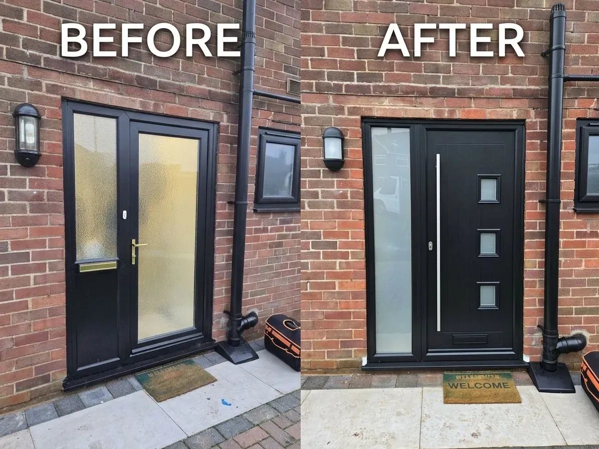Anthracite front door before and after replacement by GBD