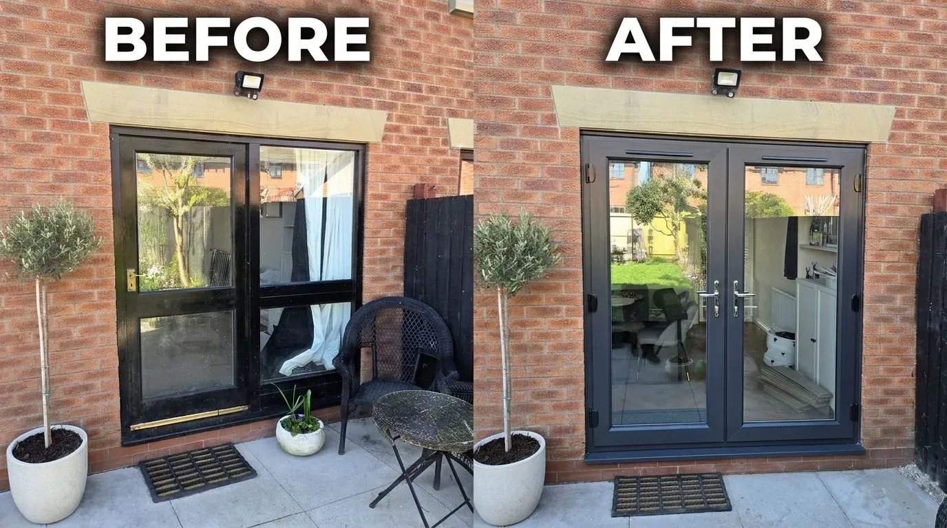 Patio doors before and after replacement by GBD